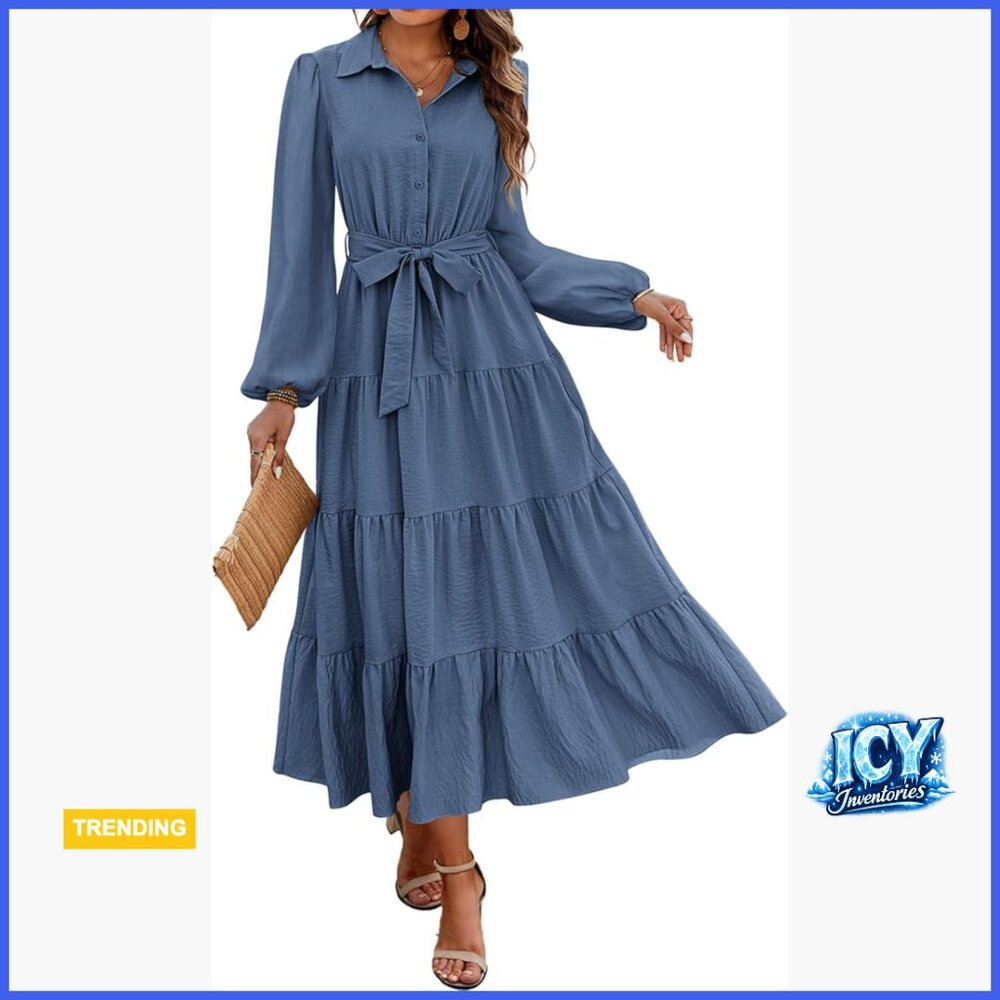 Long Sleeve Button Down Belted A-Line Flowy Maxi Dress